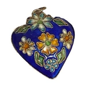 Floral Blue Cloisonné Heart Pendant